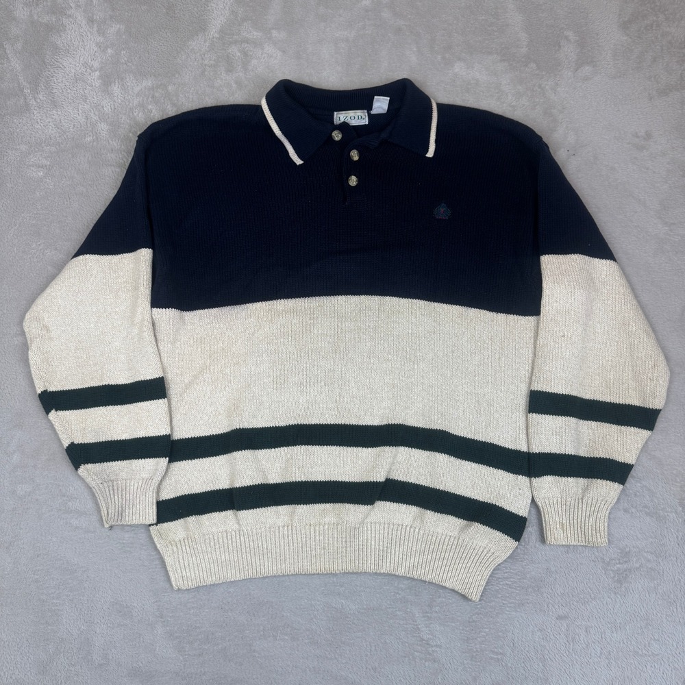 VTG Izod Polo Sweater Mens XL Blue Beige Preowned Knit Colorblock Pullover Cozy‎